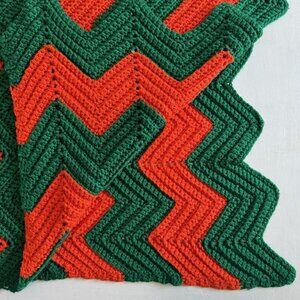 Vintage Afghan Handmade Chevron Crochet Zig Zag Blanket Orange Green 82"x45"